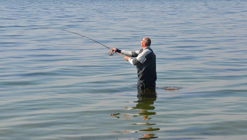 Lystfisker står alene i stille vand på Langeland og fisker med sin fiskestang